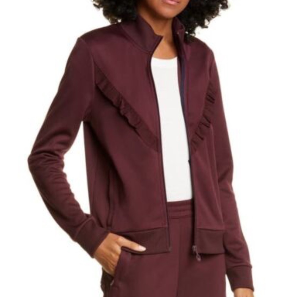 Tory Burch EUC!! Sport Ruffle Track Jacket Sz M Burgundy/Wine
